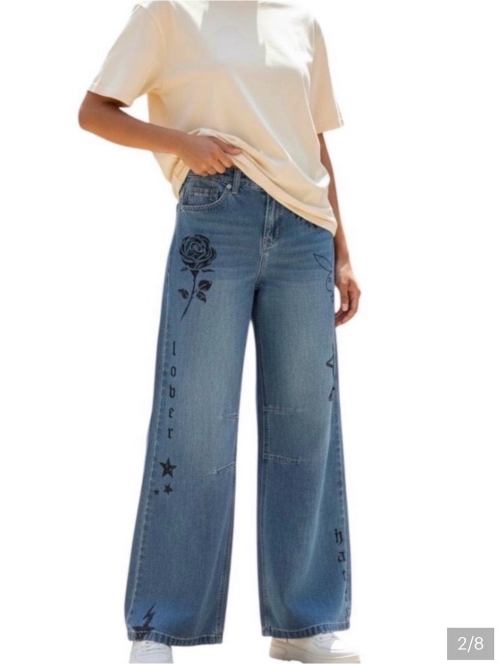 PLAYBOY Blue Wide-Leg Jeans with Black Graphic Prints 7